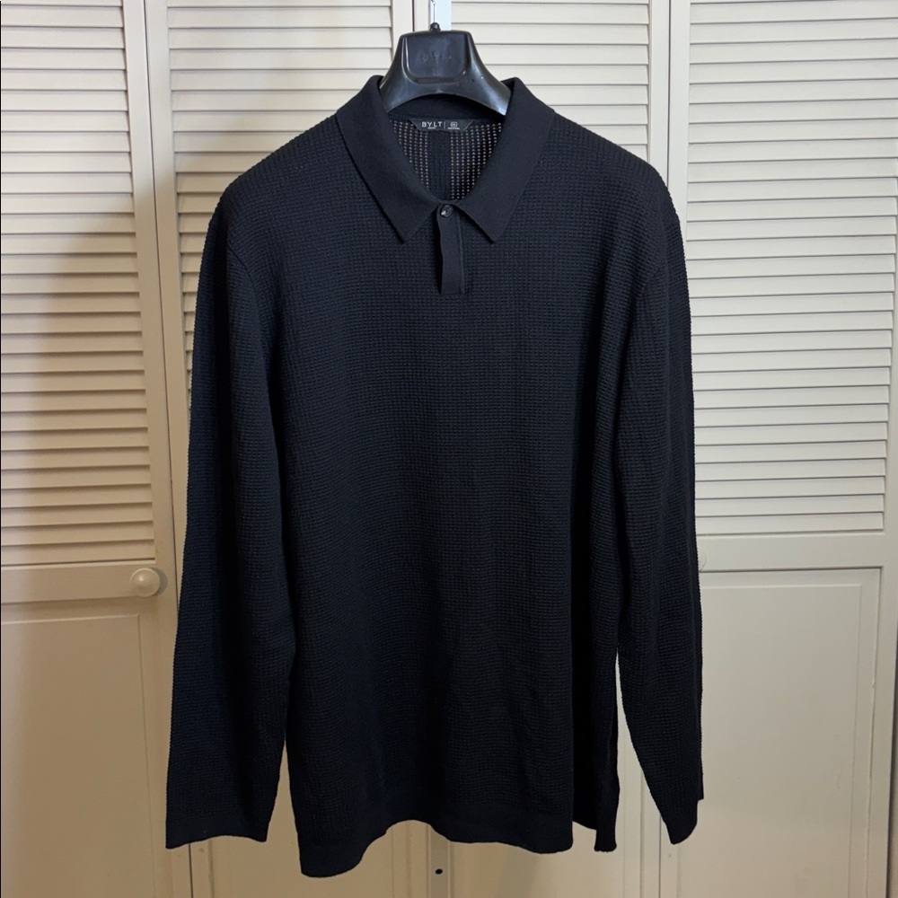 BYLT Basics Textured Black Polo Waffle Knit Sweater 2XL
